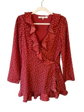 Lovers + Friends Red Star Print Wrap Long Sleeve Ruffle Romper Size M Feminine